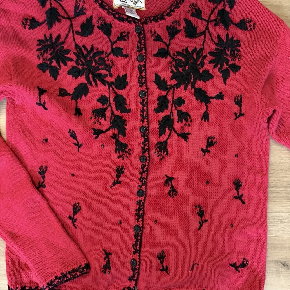 Vintage Style Red Beaded Floral Cardigan Heirloom Collectibles M - Picture 10 of 12